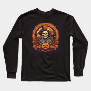 Skeleton witcher in the Farm Field with Apple Picking, Bonfire, and Pumpkin Long Sleeve T-Shirt